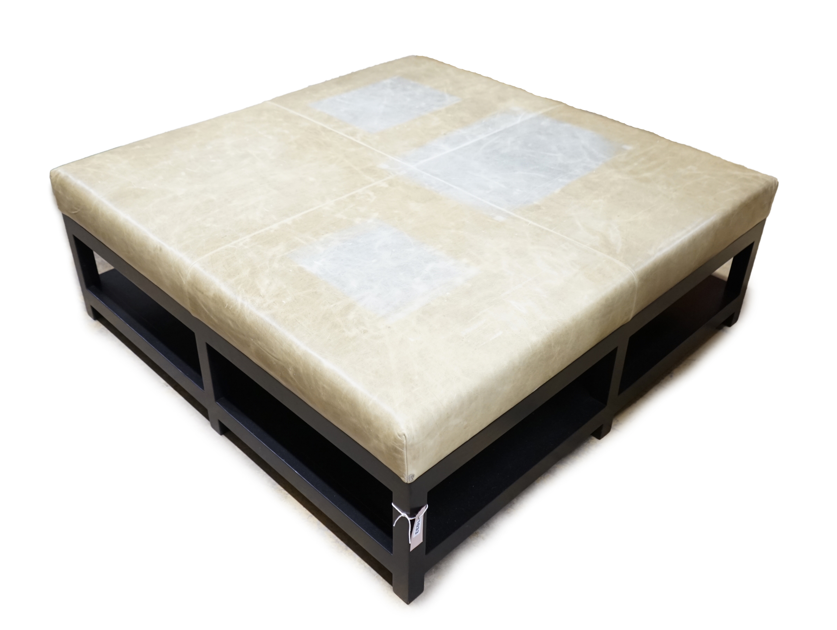 A custom made Bray Design square ottoman stool with Altfield Moore Domaine Cloud Grey leather top, 120cm, height 44cm